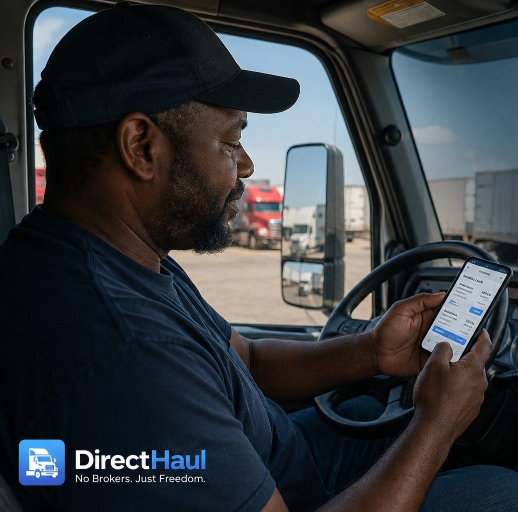A driver looking at loads on a phone in a truck cab.